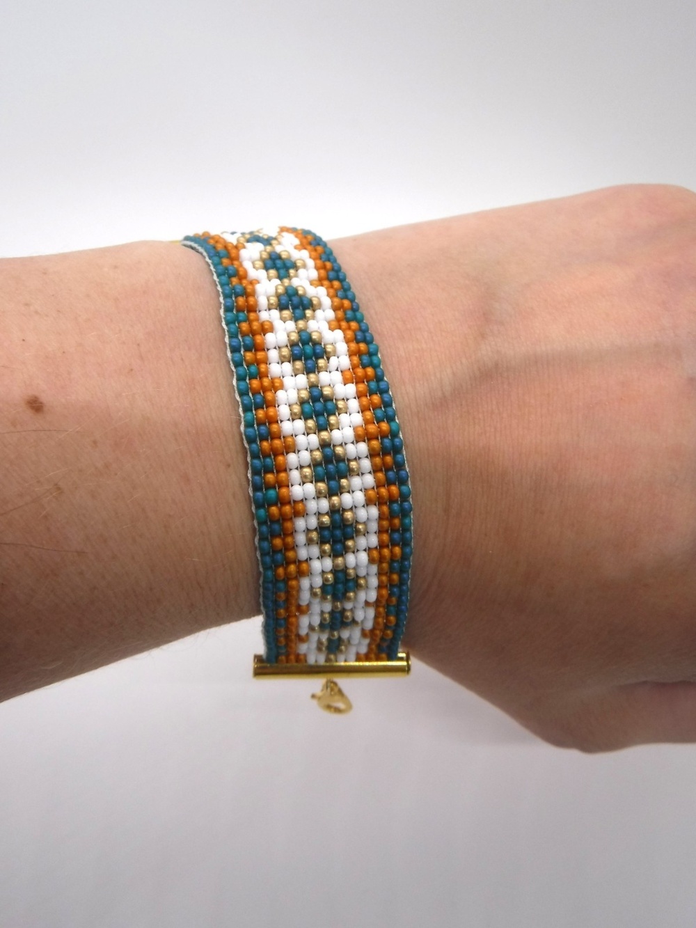 Loom Beaded Bracelet Pumpkin, Teal & White